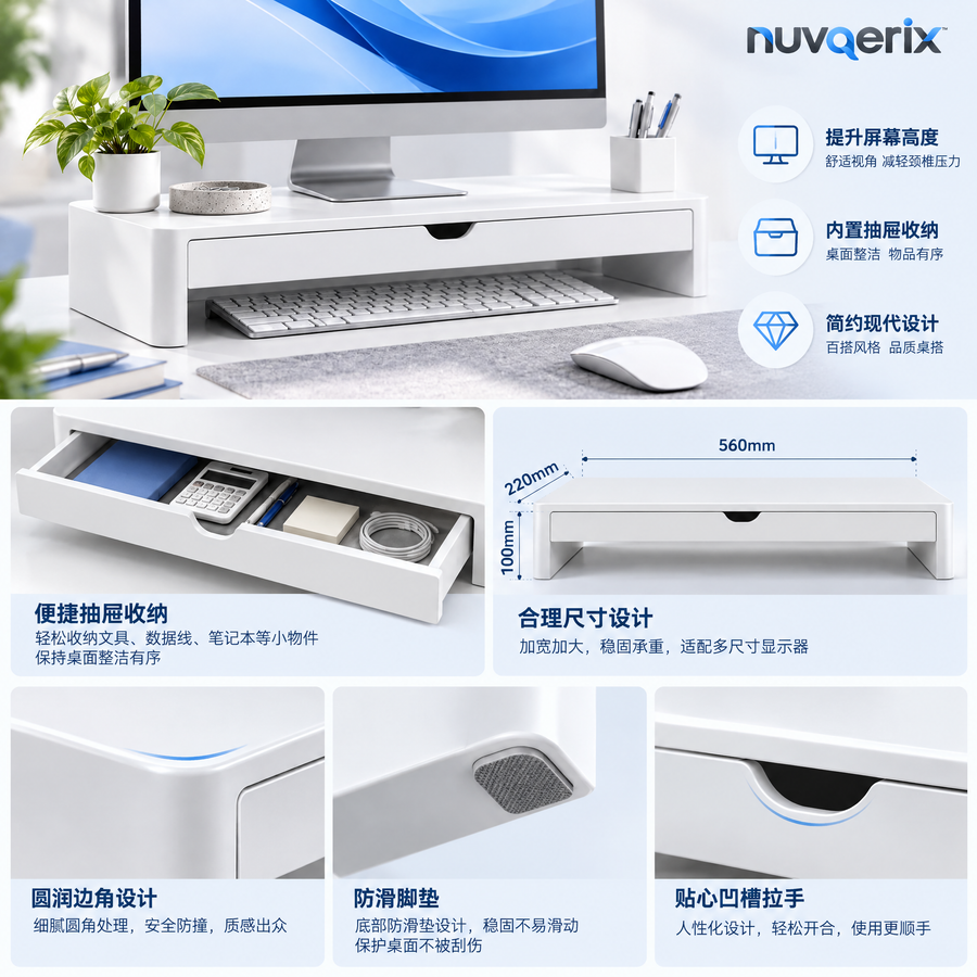 nuvqerix™ Minimal Monitor Riser with Storage Drawer